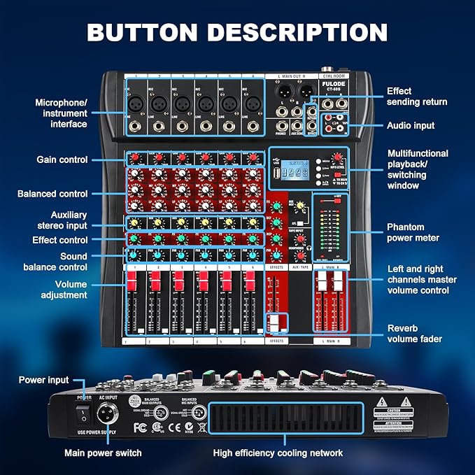 6 Channel Audio Mixer, Professional Music Mixer Board DJ Mixing Console with Bluetooth, USB/MP3 Player, Reverb, and 48V Phantom Power for Studio Recording, Karaoke, and Live Performances