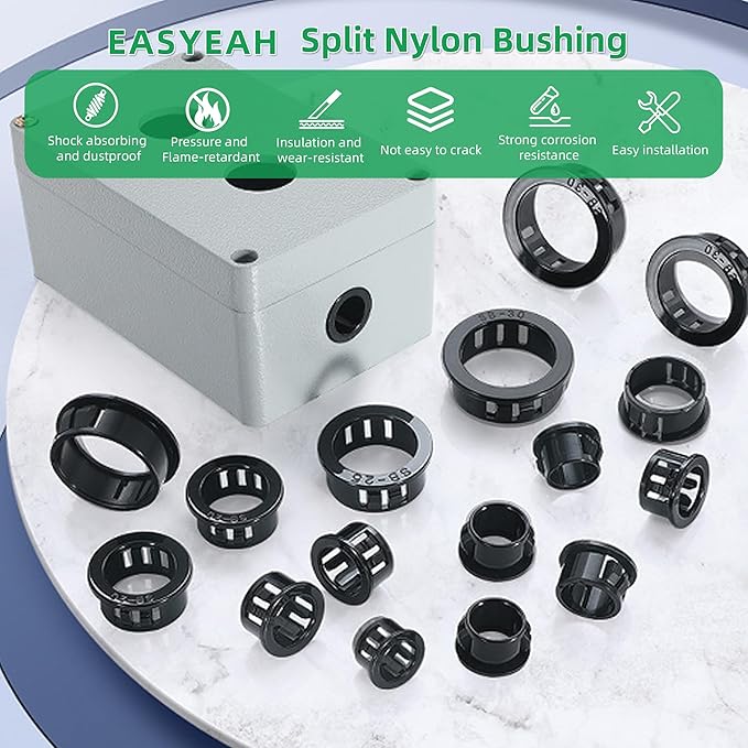 1-3/4"(45mm) Black Snap-in Knockout Insulating Bushing Grommets, Plastic Cable Hole for Wiring, Round Nylon Snap-in Locking Electrical Wire Cord Hose & Tubing Bushings, 8pcs