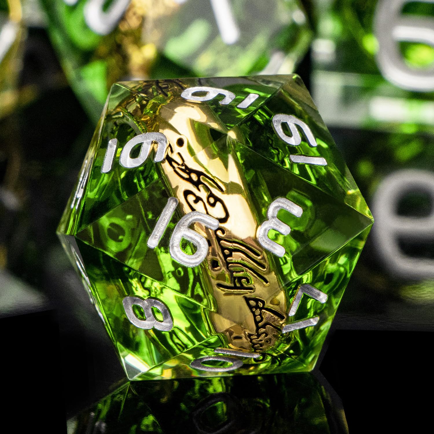 ORIFANTOU Magic Golden Ring DND Dice Set with Case, Green Resin Sharp Edge D and D Dice for use with D&D Tabletop Games Lord Handmade Polyhedral Dice Set D20 D12 D10 D8 D6 D4