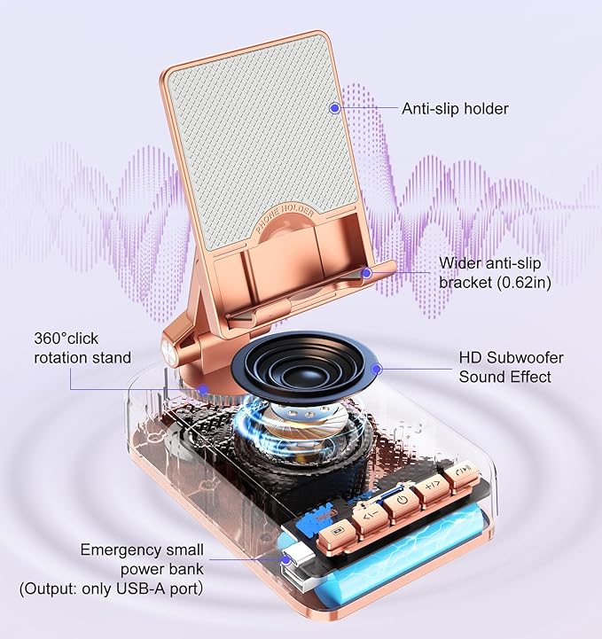 Gifts for Women Girls, Bluetooth Speaker Phone Stand with Charging Function 360° Rotable Adjustable Cell Phone Holder with HD Surround Sound for Desk Fits All Phones,Tablet (Rose Gold)