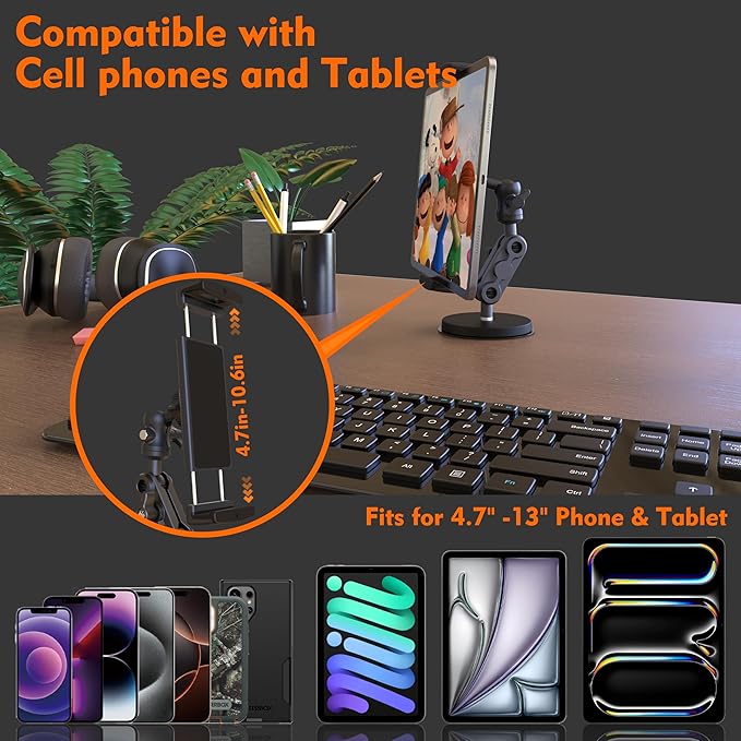 Universal Magnetic Tablet Holder 360°Adjustable 7.7" Aluminum Heavy Duty Arm 3.5" Magnetic Base for Car Dashboard, Gym, Kitchen Fits 4-13" Tablets, Phones