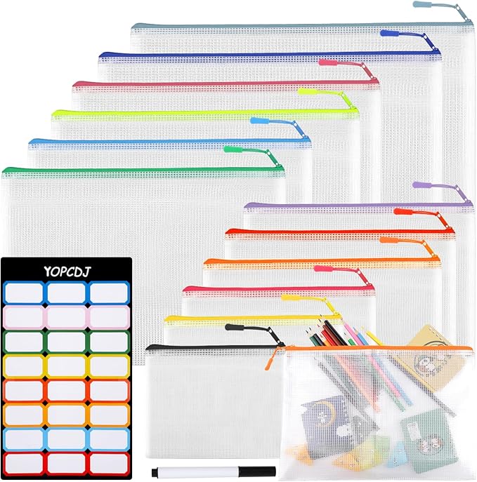 12 Mesh Zipper Pouch Bags - 12 Color, 8 Size Classroom Must-Have Storage Solution for School, Board Games, and Office Supplies