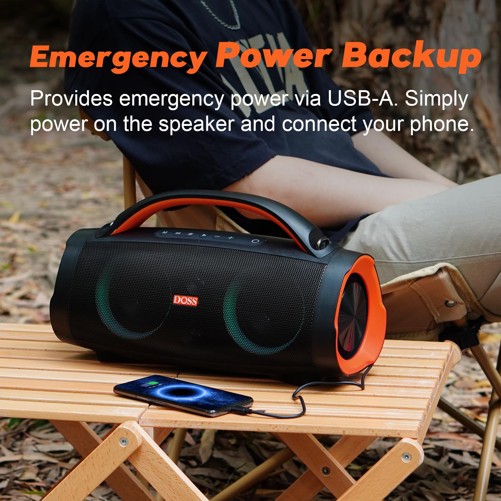 DOSS Extreme Boom Pro 100W Loud Outdoor Speaker, 2+2 Channel, IPX6 Waterproof, Bluetooth 5.3, 20H Playtime, Dynamic Lights, Portable Speaker for Camping, Beach, Pool, Working Outside - Orange