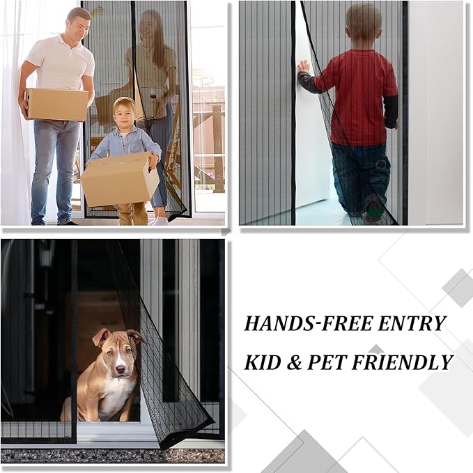 Magnetic Screen Door - Self Sealing, Heavy Duty, Hands Free Mesh Partition Keeps Bugs Out Let Breeze in- Pet and Kid Friendly - Keep Open Feature (Black, Fit Door Size 38 x 82 Inch)