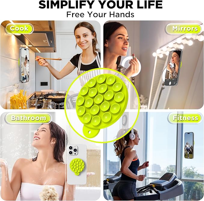 Magnetic Suction Cup Phone Mount for MagSafe Case, Silicone Hands-Free Grip Holder for iPhone and Android, Mirror Shower Phone Stand for Makeup FaceTime Gym Kitchen Bathroom, Neon Yellow
