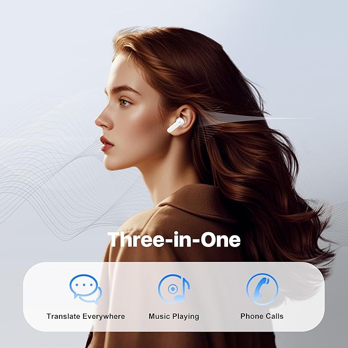 Active Noise Cancelling Wireless Earbuds with Real Time Translation, in Ear Bluetooth 5.4 Headphones Stereo Bass Ear Buds Translator via APP (Snow)