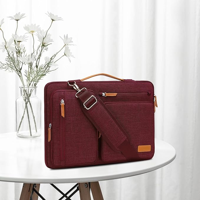 MOSISO 360 Protective Laptop Shoulder Bag,15-15.6 inch Computer Bags Compatible with MacBook Pro 16 inch, HP, Dell, Lenovo, Asus Notebook,Side Open Messenger Bag with 4 Zipper Pockets, Wine Red