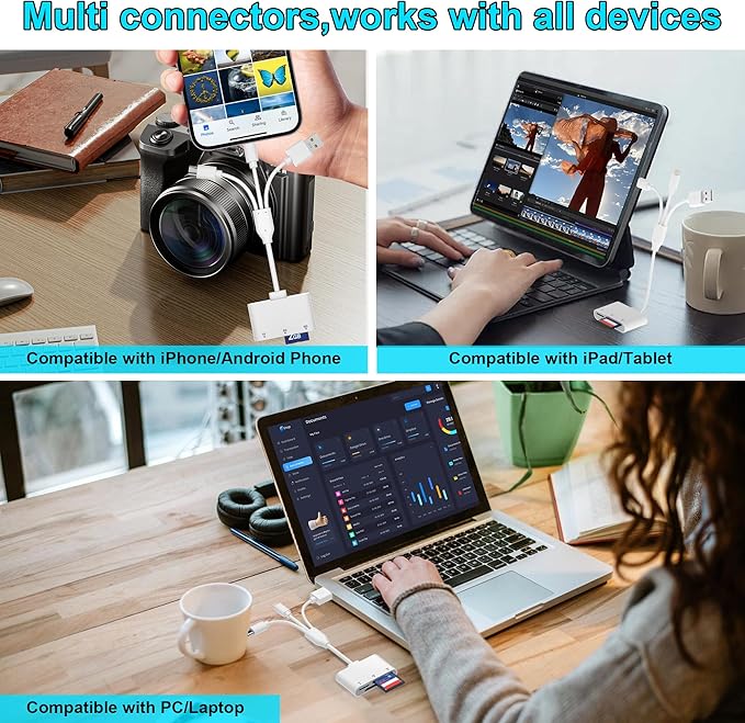 XD Card Reader, SD Card Reader for iPhone with USB-C&Lightning, 3 in 1 SD/MicroSD/xD-Picture Card Adapter, Lightning+USB A+USB C XD Card Adapter for iPhone 16/15/14/13/iPad/PC/Android