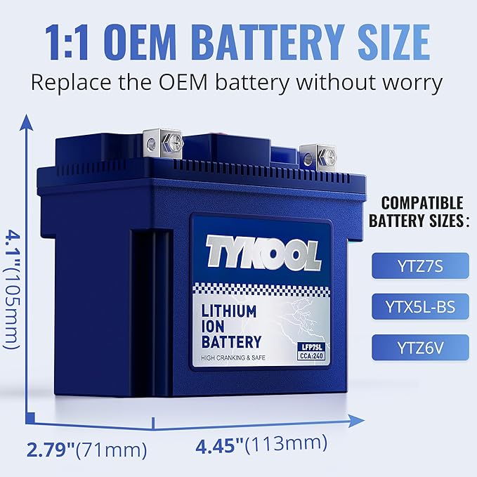 TYKOOL YTZ7S / YTX7L Lithium LiFePO4 Motorcycle Battery, 12 V 4 Ah,240 CCA,Built in BMS, Powersports Battery, for ATV,UTV,Jet Ski,Personal Watercraft,Snowmobile,Quad,Riding Lawn Mower, Tractors