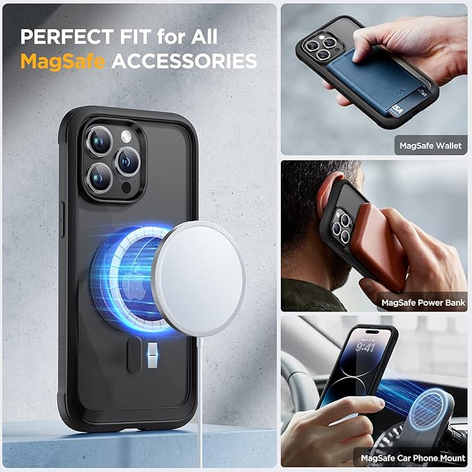 Miracase Magnetic for iPhone 14 Pro Case 6.1 inch, (Compatible with MagSafe) Upgrade Full-Body Clear Phone Bumper Case with Built-in 9H Tempered Glass Screen Protector, Magnetic Classic Black