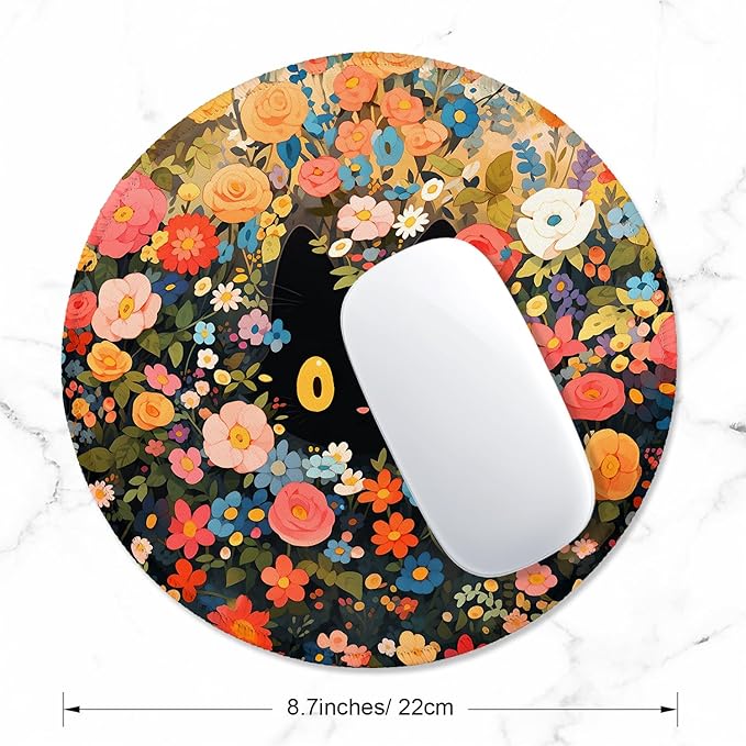 ITNRSIIET Round Mouse Pad with Stitched Edge Premium-Textured Waterproof Non-Slip Rubber Base Desktop Protection Mat Diameter 8.7 inches, Flower Cat