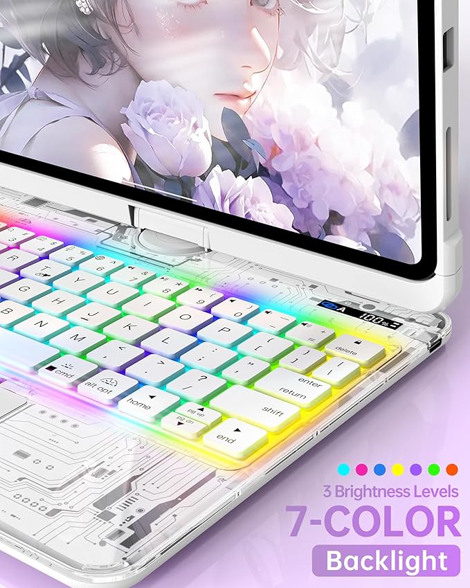 Intermerge Clear Keyboard Case for iPad Pro 13" (M4) 2024 Only, 360° Swivel Multi-Touch Trackpad, 7-Color RGB Backlit, Pencil Holder, Type-C, Power Indicator, Frost Pulse