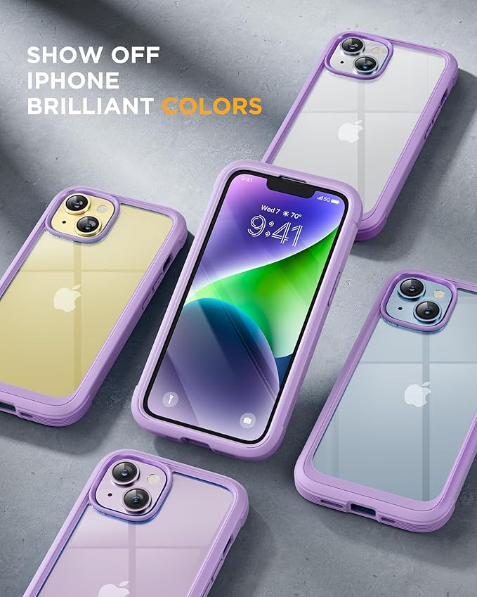 Miracase Glass Series Designed for iPhone 14 Plus Case 6.7 inch, 2023 Upgrade Full-Body Clear Bumper Phone Case with Built-in 9H Tempered Glass Screen Protector and Camera Lens Protector,Purple