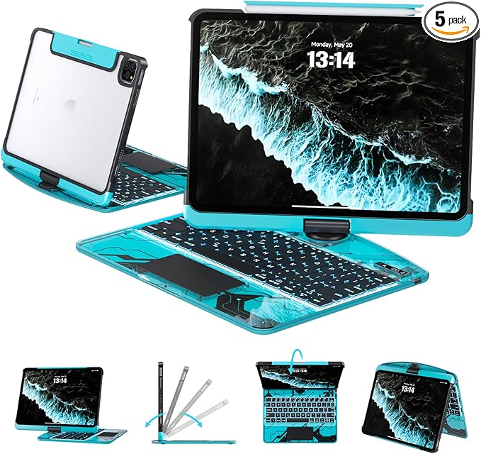 Transparent Case with Keyboard iPad Air (M3/M2,2025/2024) 11 Inch,Compatible 10.9" iPad Air 5th/4th & 11" iPad Pro 4/3/2/1,7-Color Backlit,Wireless Keyboard, 360°Rotating,with trackpad,Blue