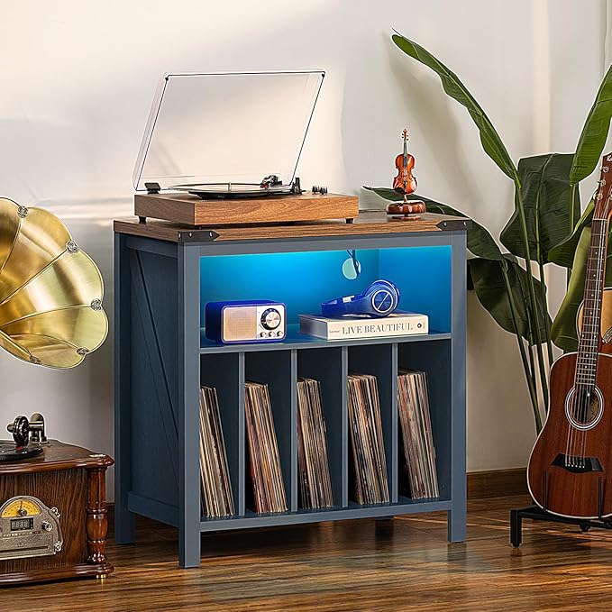 Large Record Player Stand with Charging Station & LED Lights, Vinyl Records Storage Holder Cabinet Holds up to 230 Albums, Turntable Stand for Music Room, Bedroom, Living Room, Office (Blue)