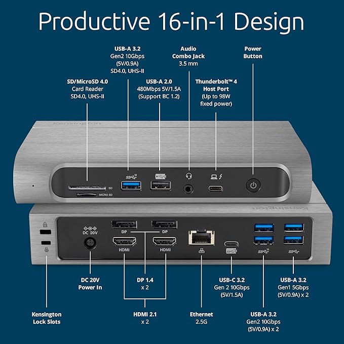 Kensington SD5800T Thunderbolt 4 and USB4 Quad 4K Display Docking Station, 100W Charging, 2 x HDMI, 2 x DP, 2.5G Ethernet, Card Readers, for Windows/MacOS (K32856NA)
