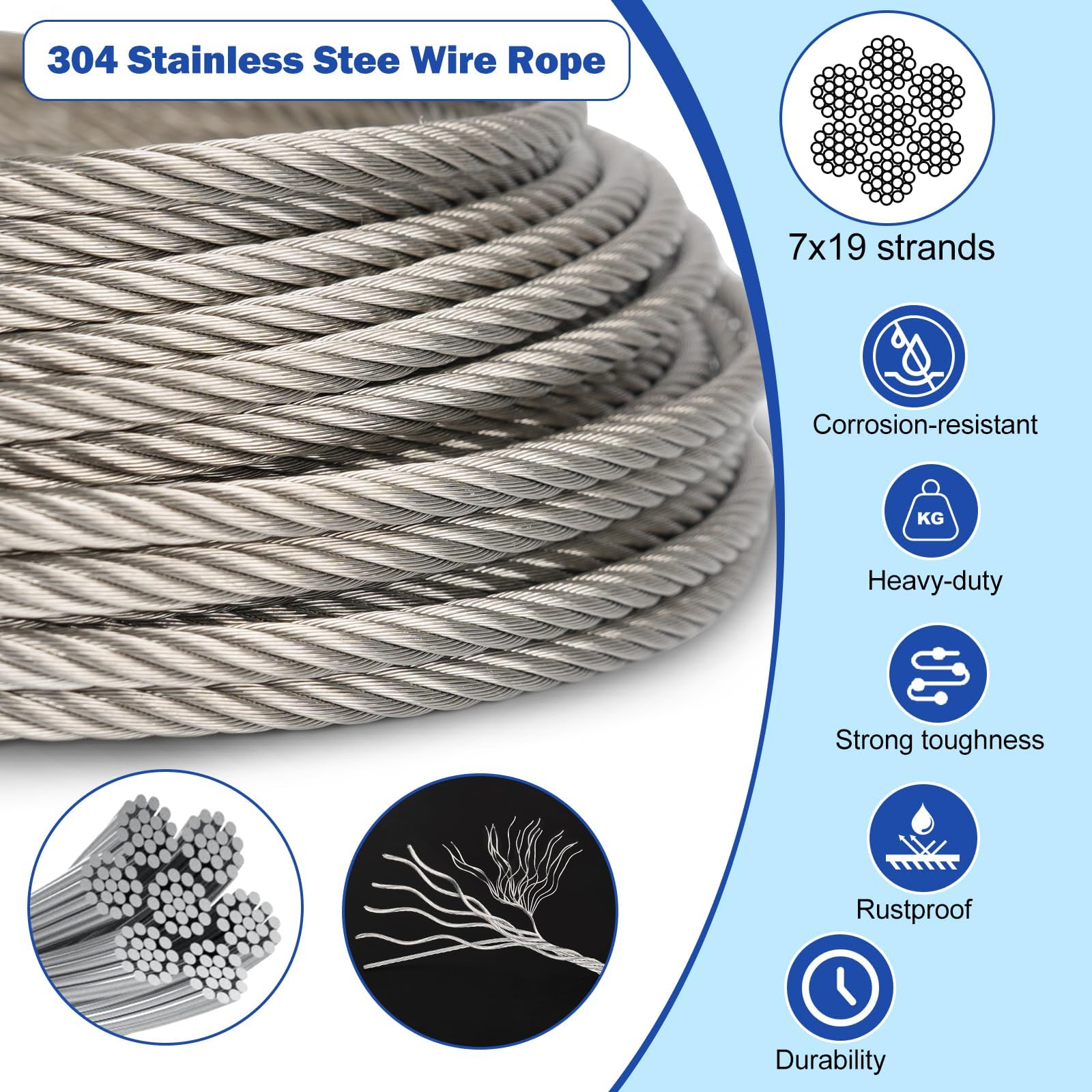 TooTaci 3/16" Stainless Steel Cable, 100ft Wire Rope with Aluminum Crimping Sleeve&Thimbles, 7x19 Strands, 3700lbs Breaking Strength Heavy Duty Aircraft Cable for Zipline, Deck Railing, Shade Sail