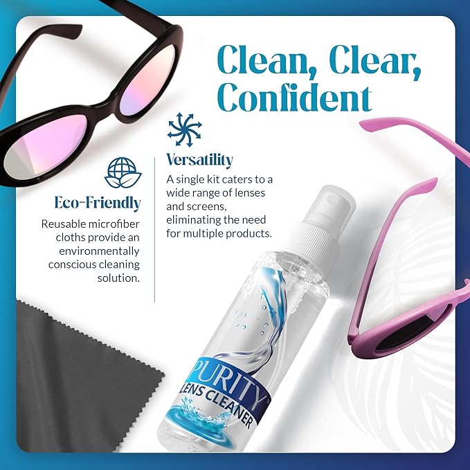 Purity Eyeglass Lens Cleaner Spray Kit - 3 x 8oz Lens Cleaner Spray Bottle + 2 Microfiber Cloth for Cleaning - Safe for All Lenses (AR Coated Included), Eyeglasses and Screens