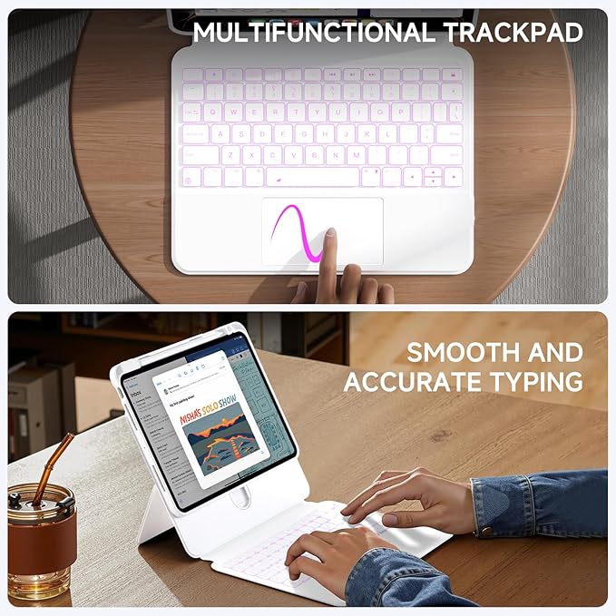 ONLY fit for 2024 M4 iPad Pro 11 inch Case with Keyboard Detachable Magic Keyboard Trackpad, 360 Rotating Cover with Pencil Holder Multi Angle Stand, 12 Shortcut Key, 7 Color Backlit, White