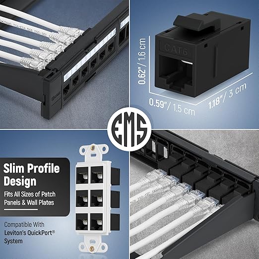 Everest Cat6 RJ45 Keystone Coupler (12-Pack) in Black - RJ45 Coupler - Cat 6 Couplers - Female to Female Cat6 Keystone Jacks - Ethernet Couplers - Ethernet Cable Extender
