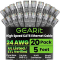 GearIT Cat 6 Ethernet Cable (20-Pack 5 Feet) Cat6 Network Patch, 10Gbps, RJ45, Snagless Cord, Gold-Plated Connectors, Internet for PC, TV, Tablet, Router, Printer, Servers, IT Data Center - Gray
