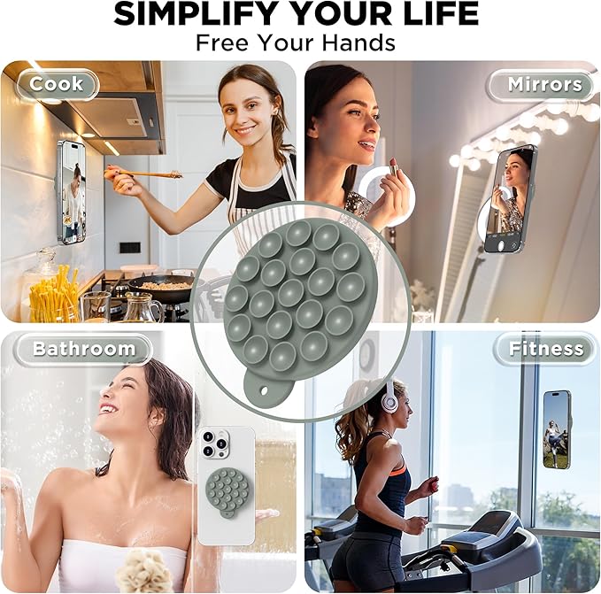 Magnetic Suction Cup Phone Mount for MagSafe Case, Silicone Hands-Free Phone Grip Holder for iPhone and Android, Mirror Shower Phone Stand for Makeup FaceTime Gym Kitchen Bathroom, Calke Green