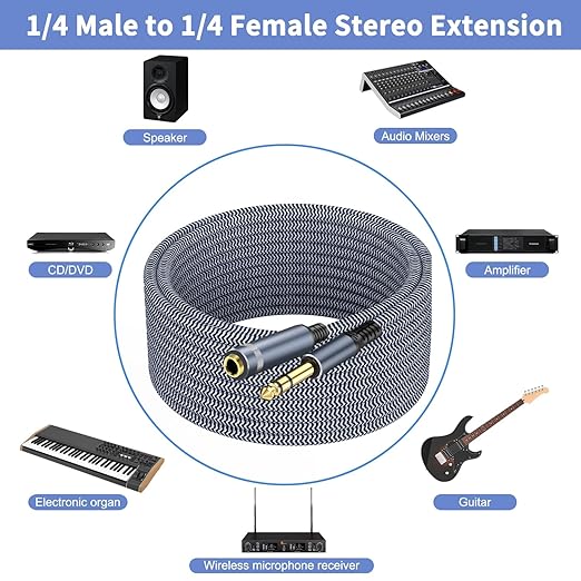 1/4 inch Extension Cable 30ft, 1/4" inch Male to Female Stereo Guitar Extension Cable
