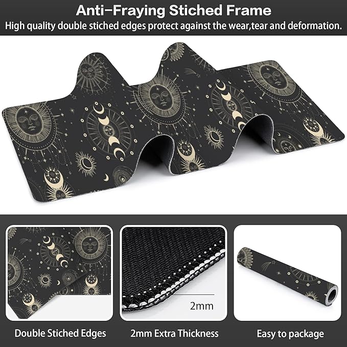 Phase of The Moon Desk Mat,Large Moon Phase Changes Gaming Keyboard Mouse Pad,Non-Slip Rubber Base Desk Pad Thick Stitched Edges Waterproof Mousepad Mouse Mat 31.5"x11.8"