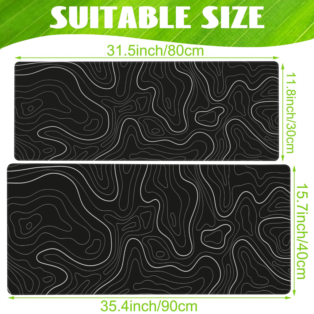 Eflxamz Desk Mat,Black Topographic Contour Map Desk Pad,Topographic Contour Large Gaming Mouse Pad for Desk,Extended Big Computer Keyboard Mouse Pad with Non-Slip Base and Stitched Edge,31.5"x11.8"