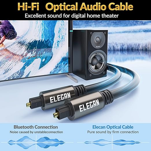 Elecan Optical Audio Cable 25 Ft Digital Audio Toslink Cable Cord-Fiber Optic-Gold Plated-Flexiable&Durable-for Home Theater,Sound Bar,PS4&Xbox-with 4 Right Angled and Mini Toslink Adapters+Ties