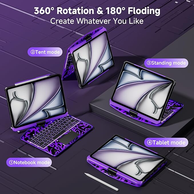 Keyboard Case for iPad 11 inch Pro 4/3/2/1st Gen & 11’’ iPad Air 2025 M3, 2024 M2 & 10.9" iPad Air 5th/4th Gen, 360° Rotating Stand Transparent Protective Cover with Pencil Holder (Purple)
