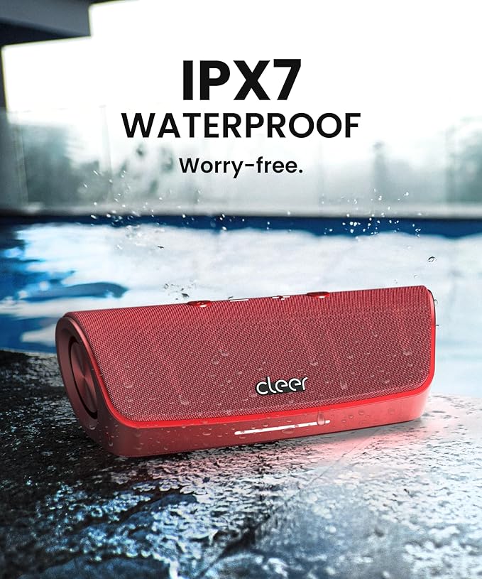Cleer Scene Wireless Bluetooth Speaker, Stereo Wireless Pairing, Waterproof IPX7, 12Hrs Play time, Deep Bass, Built-in Mic, Powerful Portable Speakers, for Outdoor & Party, Home,Red