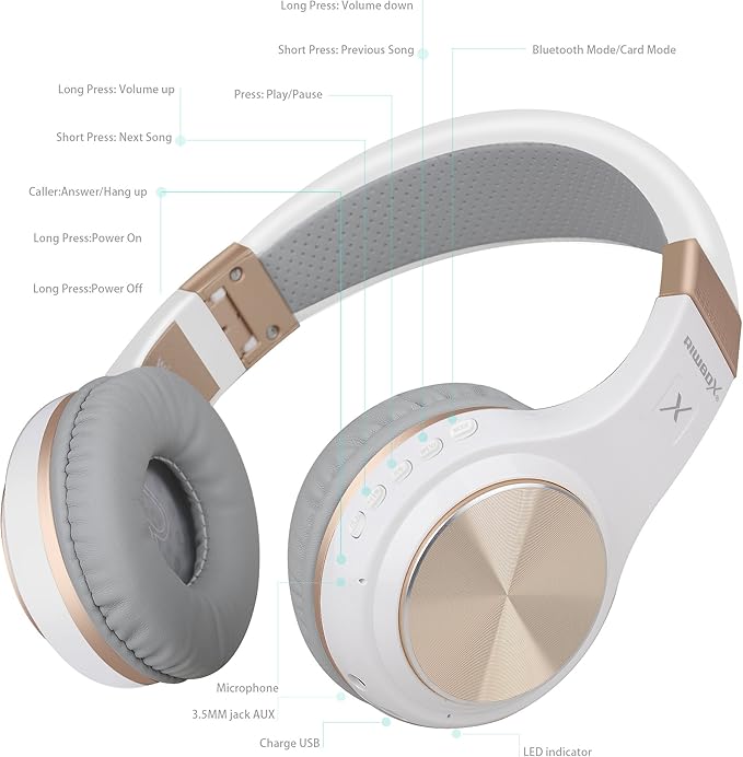 Riwbox Bluetooth Headphones, XBT-80 Folding Stereo Wireless Bluetooth Headphones Over Ear with Microphone and Volume Control, Wireless and Wired Headset for PC/Cell Phones/TV/Gym (White Gold)
