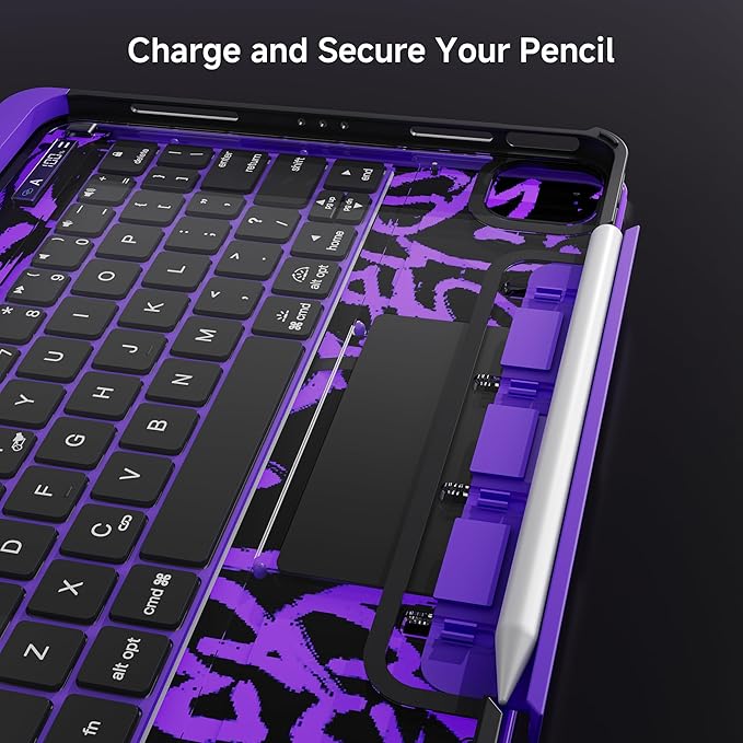 iPad Keyboard Case for iPad 10th Gen (2022) & 11th (A16, 2025), Magic Wireless Keyboard with Trackpad 7 Color Backlit 360° Rotating Stand Transparent Protective Cover with Pencil Holder (Purple)