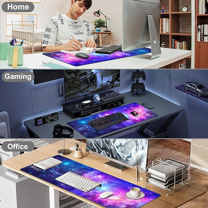 Deep Universe Space and Stars Desk Mat,Large Galaxy Space Gaming Keyboard Mouse Pad,Non-Slip Rubber Base Desk Pad Thick Stitched Edges Waterproof Mousepad Mouse Mat 31.5"x11.8"