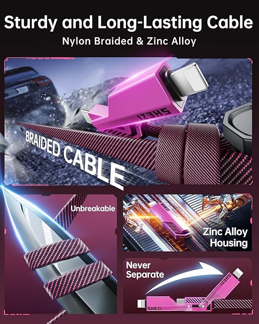 SHEZI [Upgraded 2.0] 4-in-1 USB C Cable 60W 5FT Fast Charging [480Mbps Data Transfer] Flat Nylon Braided Charger Cord Combo, USB A/C to C/L Multi Charge Cable for iPhone/iPad & Most Devices, Pink