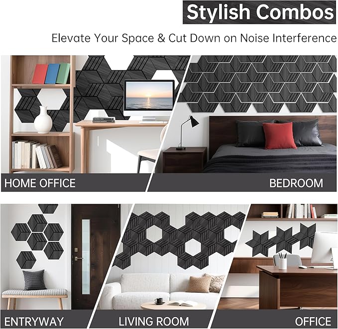Mollywell Hexagon Acoustic Panels, Black Oak S4, 14x12x0.4 Inch, 12 Pack |Wood Veneer|High Density Sound Proofing Wall Panels|Self Adhesive Sound Dampening Felt Wall Tiles|Home Theater|Gaming Room|