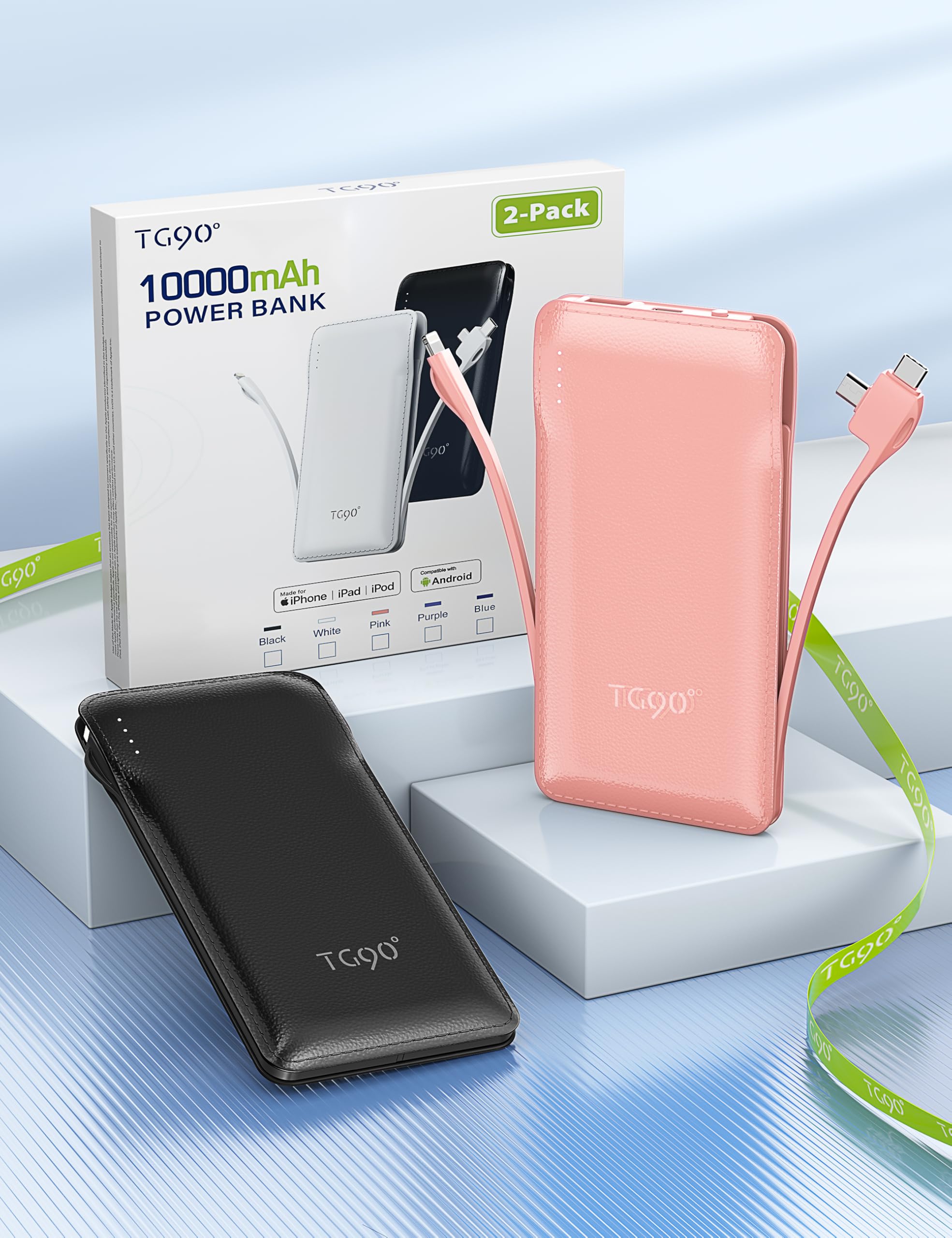 TG90° 2 Pack Slim Portable Charger with Built in Cables,10000mAh Power Bank Travel Charger Cell Phone External Battery Pack,4 Output Portable Bank Compatible with iPhone Android Phone