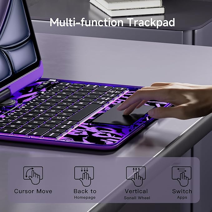 iPad Keyboard Case for 2024 M4 iPad Pro 11 inch, Magic Wireless Keyboard with Trackpad 7 Color Backlit, 360° Rotating Stand Transparent Protective Cover with Pencil Holder (Purple)