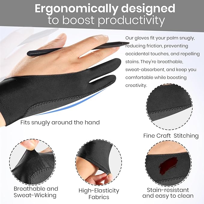 Digital Drawing Glove: 3-Layer Palm Rejection, Two-Finger Artist Glove for Drawing Tablet, iPad, Paper Sketching, Fits Left and Right Hand, Includes Cleaning Cloth(2 Pack,Black,Small)