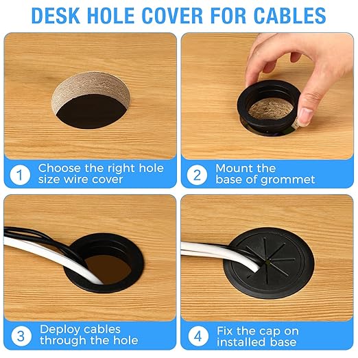Desk Grommet 2-3/8" (60 mm), Desk Hole Cover for Cables Black, Cable Grommet ABS Plastic, Desk Hole Grommet for Office and Home Table Cable, Detachable & Flexible Cable Cord Organizer-4 Pcs
