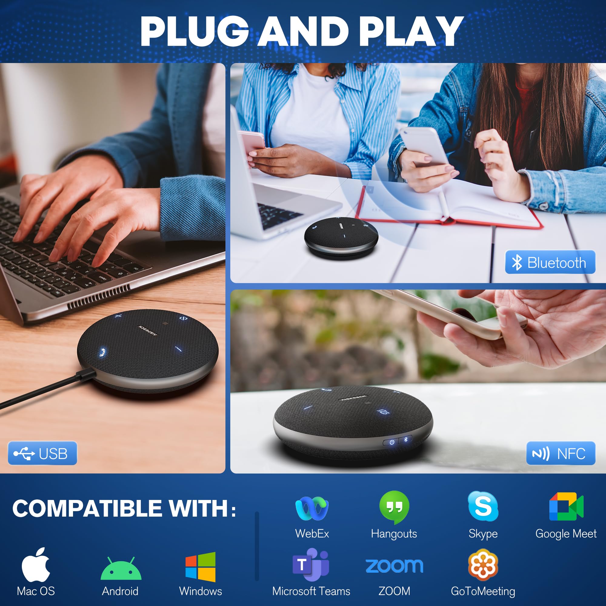 Conference Call Speaker and Microphone for Teams, Zoom, Home Office, Black