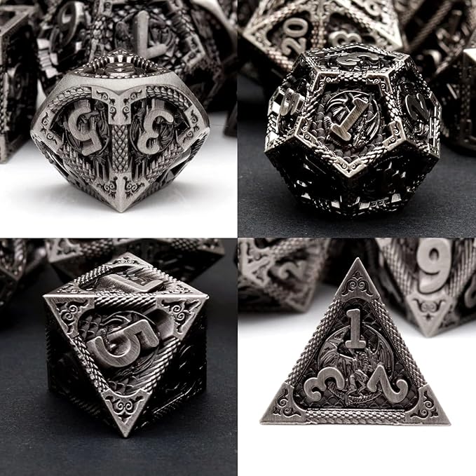 PJOY Metal DND Dice Set Antique Silver Dragon Scale D&D Polyhedral Dice with Dice Case for Dungeons and Dragons TTRPG Gifts