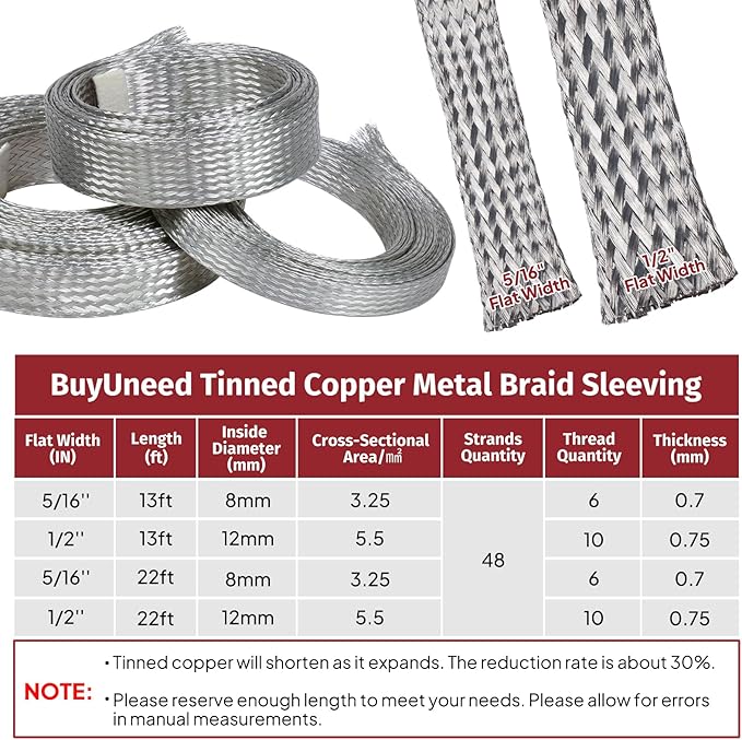 Tinned Copper Metal Braid Sleeving Wire Shielding Sleeve Braided Copper Ground Straps EMI/RFI Interference Expandable Flat Mesh Shielding Cable for Protect Wire (5/16inch-22ft)