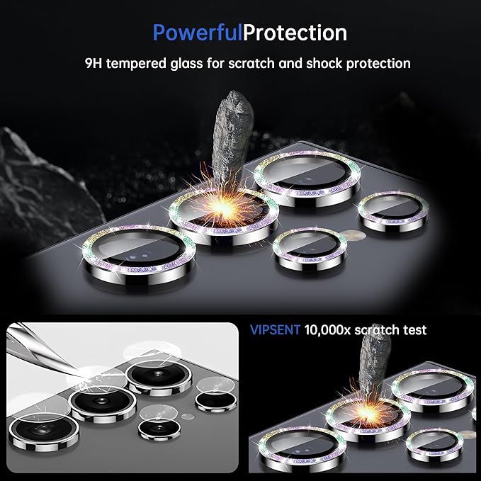 For Samsung Galaxy S24 Ultra Camera Lens Protector, Individual Lens Protector, Ultra HD 9H Tempered Glass Screen Protective Cover, Anti-scratch, Military Grade Drop Protection 2 Set. (Glitter Colorful, S24 Ultra)