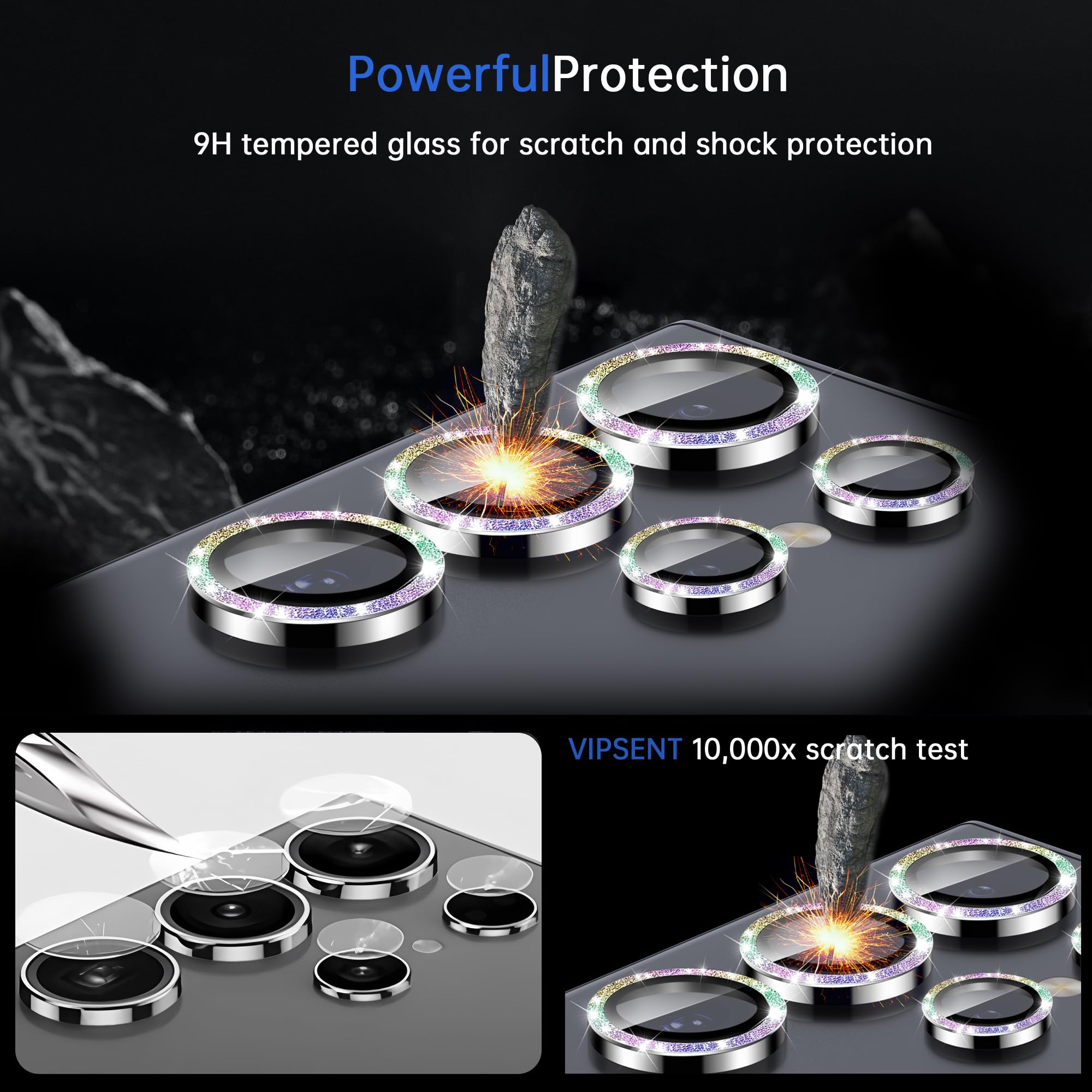 VIPSENT For Samsung Galaxy S25 Ultra Camera Lens Protector, Individual Lens Protector, Ultra HD 9H Tempered Glass Screen Protective Cover, Anti-scratch, Military Grade Drop Protection 2 Set. (Glitter Colorful, S25 Ultra)