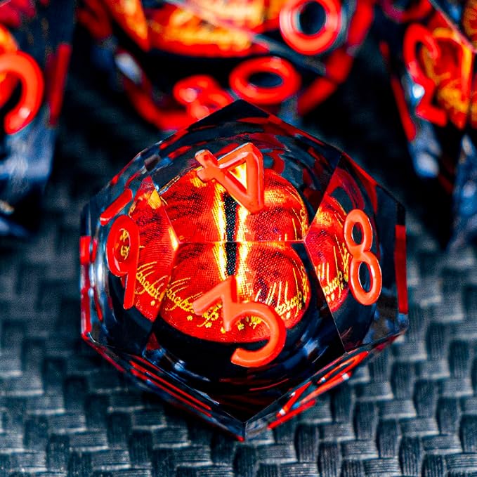 ARUOHHA DND Resin Dice Gazes Eye Dice Liquid Core Flaming RPG Sharp Edged Dice Set with Gift Box, Polyhedral D and D Dice Set Compatible with Dungeons Dragons Role Playing Game D20 D12 D10 D8 D6