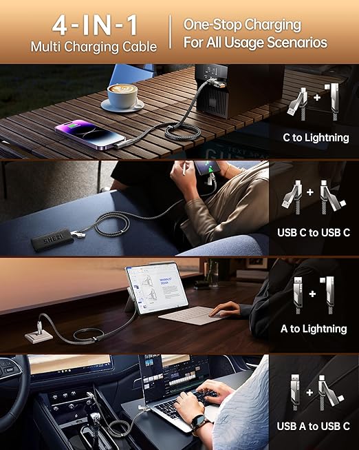 4-in-1 USB C Cable 5FT Compatible with Lightning Cable 90 Degree Fast Charging Flat Nylon Braided for iPhone/iPad Charger Cord Multi Charge Cord with L/USB C/USB A Ports, Grey