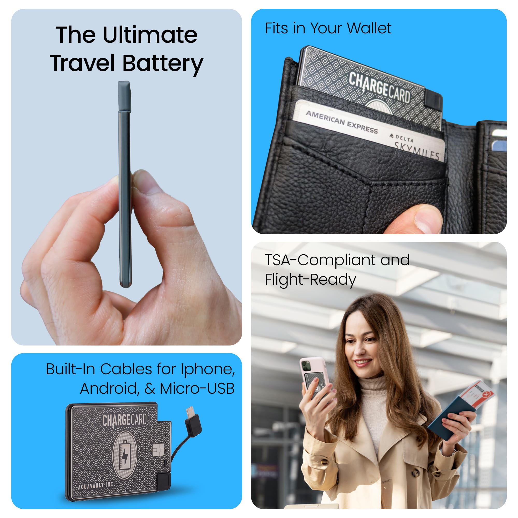 AquaVault ChargeCard Ultra Thin Power Bank 2300mAh Credit Card Size Charger