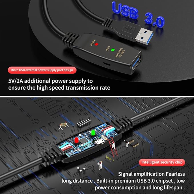 LDKCOK Active USB 3.0 Extension Cable 100ft– Male to Female Extender Cord, USB Extension Cable for USB Flash Drive, Card Reader, Hard Drive, Keyboard, PlayStation, Xbox, VR, Printer, Camera, Laptop